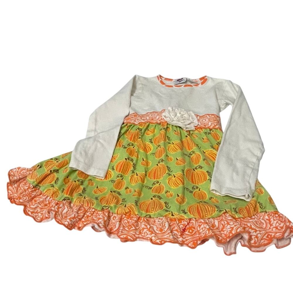 Ann Loren long sleeve fall themed girls dress Orange pumpkin detail sz 7/8